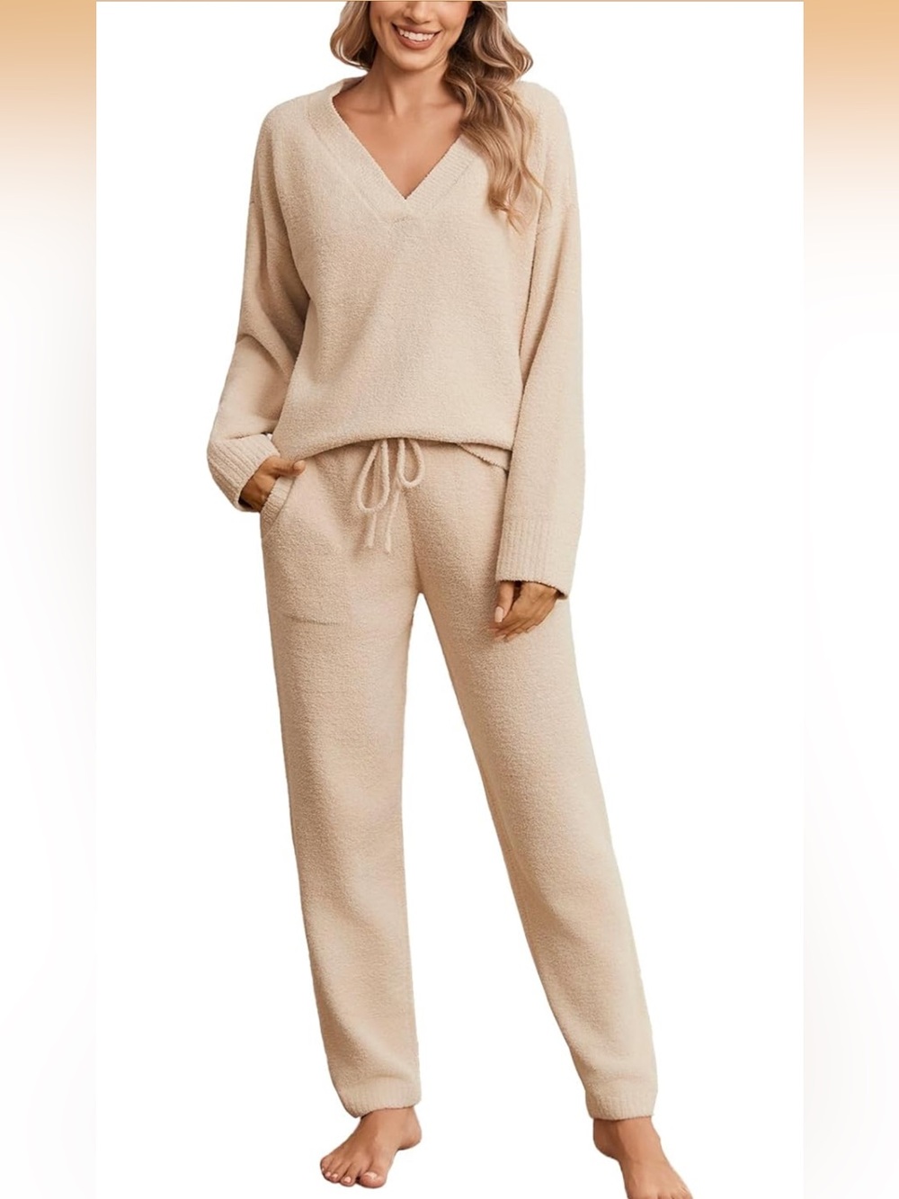 NWT Snuggle Sac 2 Piece Women’s Lounge Set Pajamas Beige - Picture 10 of 13